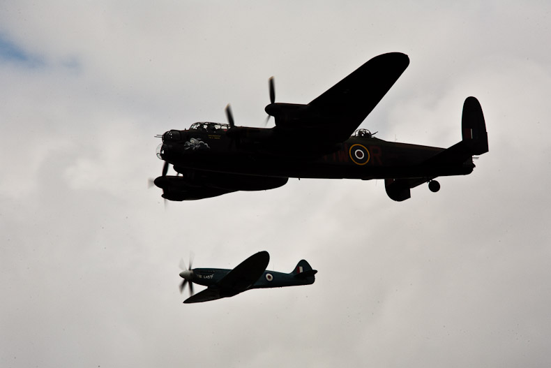 WWII silhouettes (Avro Lancaster and Spitfire from Battle of Britain Memorial Flight)